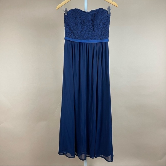 David's Bridal Size 2 Marine Lace Strapless Maxi Dress Wedding Guest Bridesmaid - Picture 1 of 8